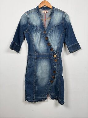 Stretch Denim Mini Dress with Asymmetric Button Front, Size S, Y2K